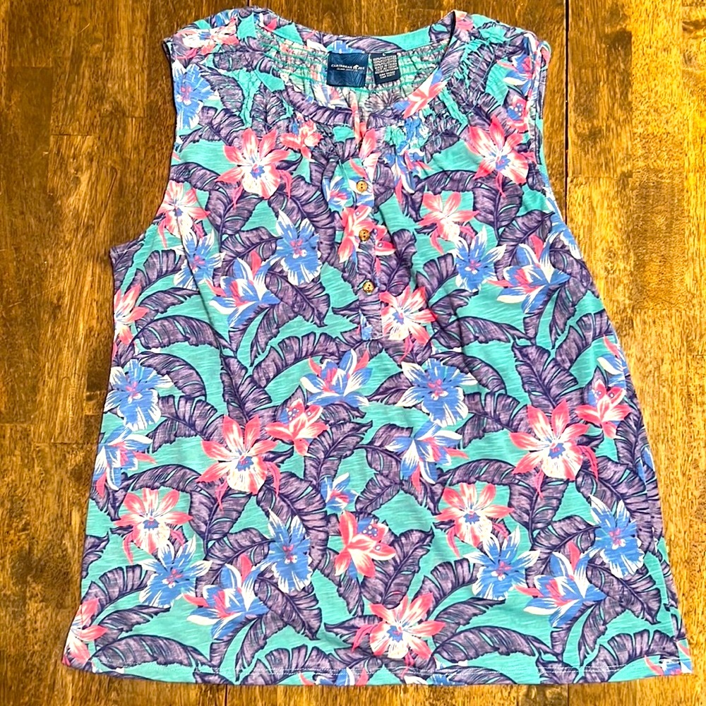 Caribbean Joe tank top, bright tropical colors, button down front